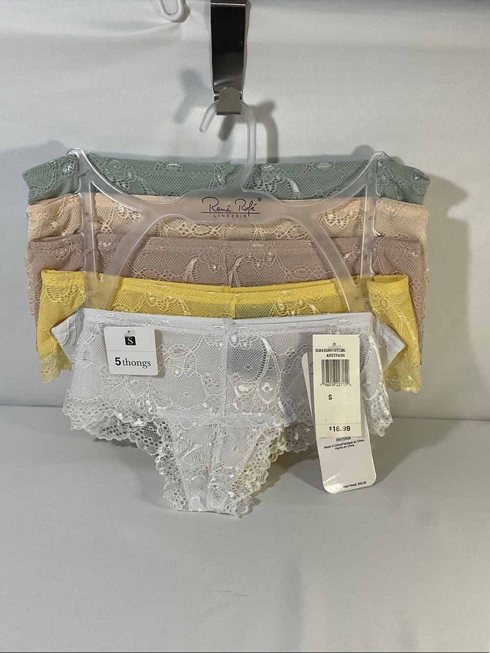 Rene Rofe Lace Thong 5-Pack in Sage, Beige, Taupe, Yellow & White